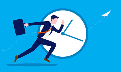 Short on time before deadline - Businessman running fast in front of clock. Business urgency concept. Vector illustration.