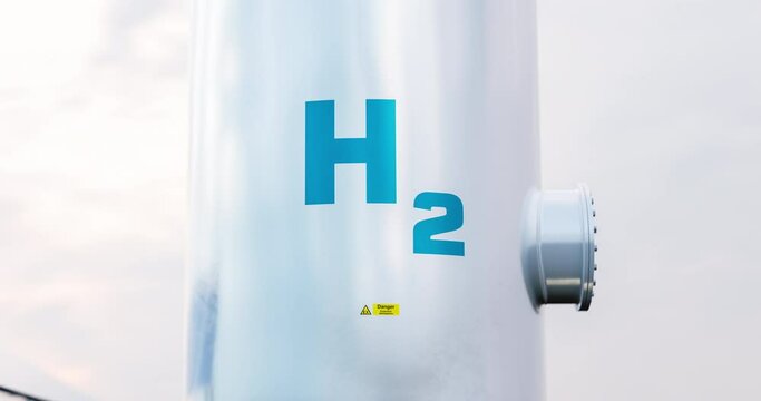 Hydrogen energy storage gas tank with solar panels and wind turbine in background. 3d rendering.