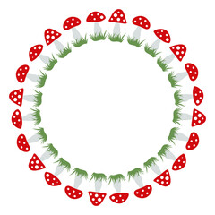Round frame with amanita muscaria on white background. Vector image.