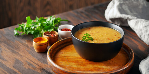 Lentil soup (Masoor Dal or Dal Tadka Curry). Indian national dish. Top view.