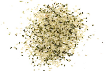 Peeled hemp seed pile isolated on white background, top view