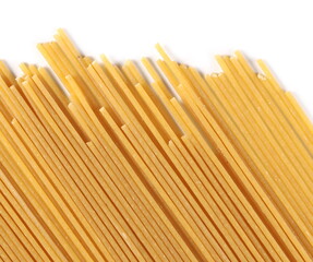 Raw integral spaghetti pile isolated on white background, top view