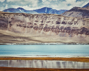 Salt lake Tso Kar in Himalayas. Ladakh, India