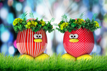Easter eggs painted, with flowers over spring natural background, retro vintage. 3D illustration