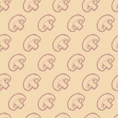 Vector Silhouette Line Art Button Mushroom Seamless Pattern