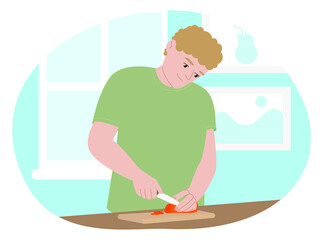 Flat vector illustration blond man character cheerful preparing cooking food at home. Proper nutrition, boy cooks in the kitchen. Cuts vegetables for salad.