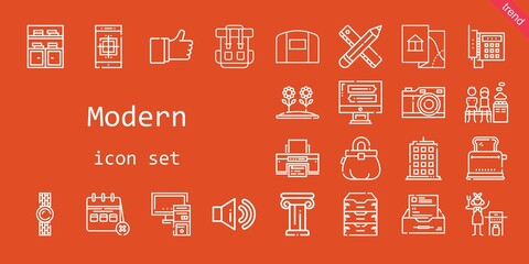 modern icon set. line icon style. modern related icons such as calendar, hangar, smartphone, bookshelf, like, printer, sound, archive, monitor, telephone, pencil, photo camera, building, flower