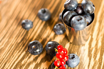 Composition with black and red guide, sweet and healthy summer berries, blueberries and red currants.