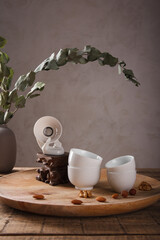 Traditional Asian Tea Set - ceramic teacups for tea ceremony on a wooden table. Vintage style. With space for text. China, tea, tableware, tradition, health, tea ceremony, Asia.