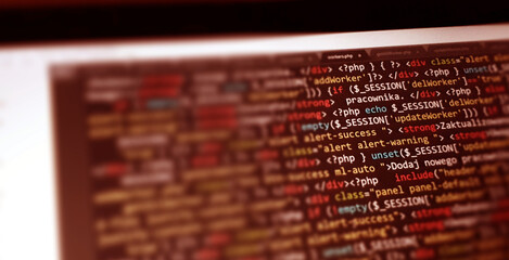 Coding concept. Software development monitor. Technology display. Application source code background