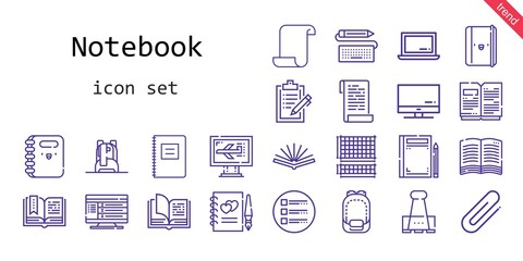 notebook icon set. line icon style. notebook related icons such as keyboard, paper clip, book, screen, list, laptop, clipboard, computer, guests book, open book, paper, grid, backpack, clip, notebook,