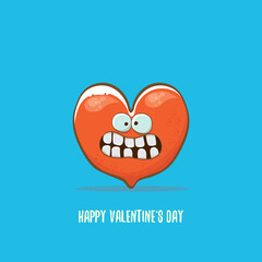 Vector Valentines day greeting card with funny cartoon heart character isolated on blue background. Conceptual valentines day comic funky kids poster or banner
