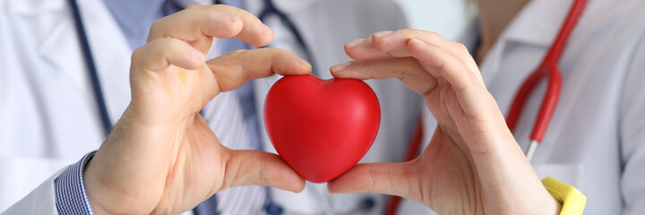 Obraz premium Doctors man and woman with phonendoscope hold red heart in their hand. Diseases of the cardiovascular system concept.