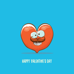 Vector Valentines day greeting card with funny cartoon heart character isolated on blue background. Conceptual valentines day comic funky kids poster or banner