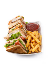 Club sandwich and French fries isolated on white background	