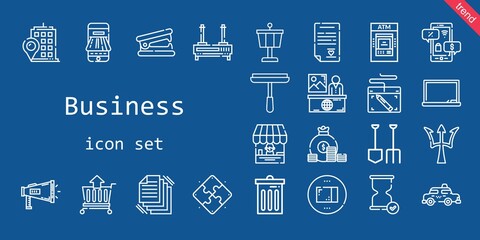 business icon set. line icon style. business related icons such as news, payment method, blackboard, megaphone, stapler remover, shop, package, shovel, taxi, control tower, cart, building, trash