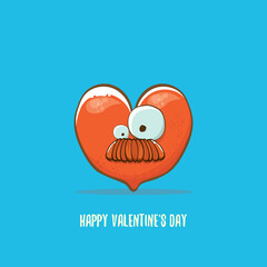 Vector Valentines day greeting card with funny cartoon heart character isolated on blue background. Conceptual valentines day comic funky kids poster or banner