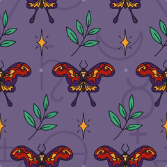 Obraz na płótnie Canvas Seamless wicca pattern with hummingbird hawk-moths, stars and twigs. Dark magic - esoteric print design. Witch or Gypsy - pagan and occult seamless ornament