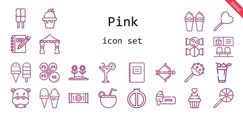 pink icon set. line icon style. pink related icons such as lollipop, petals, cake pop, flower, cupid, hippopotamus, bank, ice cream, wedding arch, cocktail, watermelon, sweet, cupcake, notebook,