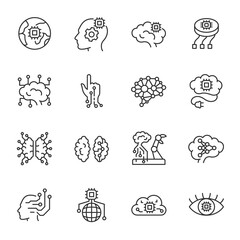 Artificial Intelligence linear icon set. The icons on the theme of Neurotechnology, brain–computer interface. Line with editable stroke