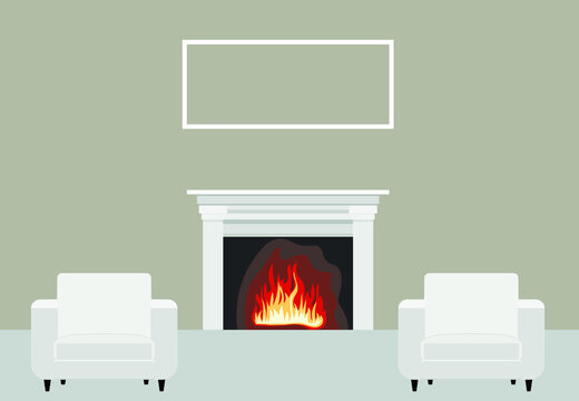 vector living room with fireplace in the house. flat image of a fireplace with a flame. soft armchairs and a sofa near the fireplace with fire. warmth and comfort in the house. interior with fireplace