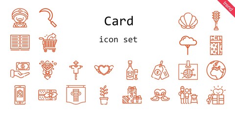 card icon set. line icon style. card related icons such as gift, father and son, sickle, seashell, tree, bouquet, swans, scarecrow, heart, mobile shopping, id card, price tag