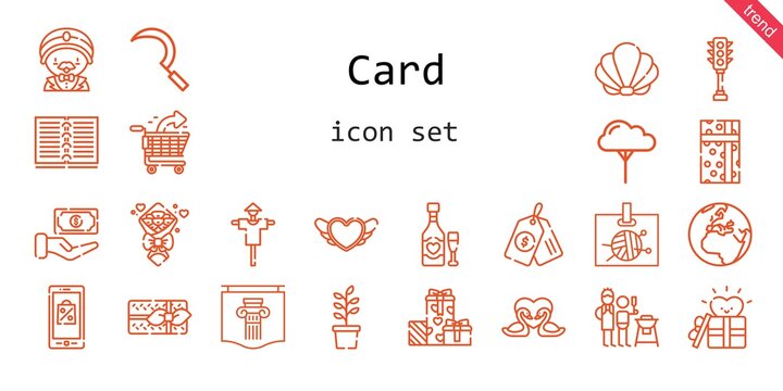 Card Icon Set. Line Icon Style. Card Related Icons Such As Gift, Father And Son, Sickle, Seashell, Tree, Bouquet, Swans, Scarecrow, Heart, Mobile Shopping, Id Card, Price Tag, Earth, 