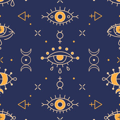Seamless wicca pattern with esoteric eyes and Triple Goddess symbol. Providence and shamanism - esoteric print design. Fortune teller or Gypsy - pagan and occult seamless ornament with evil eyes