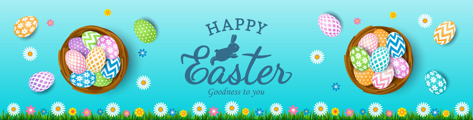 happy easter greeting card with easter bunny and set of eggs with ornament.