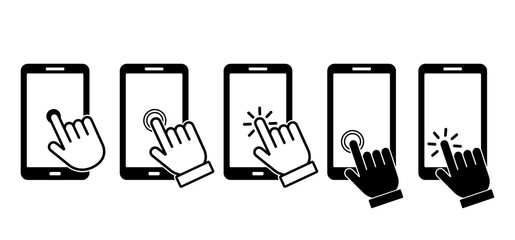 Click here the button with the hand and arrow icon. set of linear icons for websites