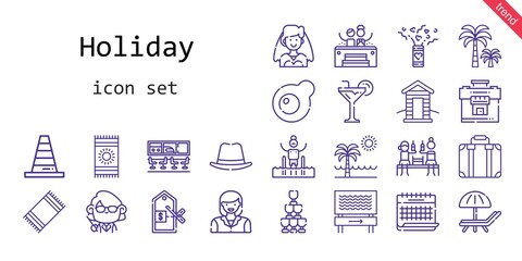 holiday icon set. line icon style. holiday related icons such as bride, calendar, confetti, suitcase, woman, beach towel, jacuzzi, egg, pool, cabin, cone, airport, palm tree, teacher, sunbed