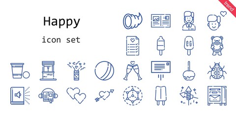 happy icon set. line icon style. happy related icons such as audiobook, confetti, modeling, caramelized apple, ladybug, message, employee, fireworks, boy, heart, popsicle, cupid, toast, wedding 