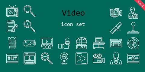 video icon set. line icon style. video related icons such as vhs, video player, tv table, zoom in, television, news reporter, degree, joystick, camera, film reel, journalist, webcam