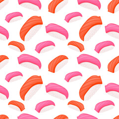 Sushi Japanese Food Emoji Pattern. Traditional Seamless Background Symbols. Silhouette Emoticon Sashimi Design Vector.