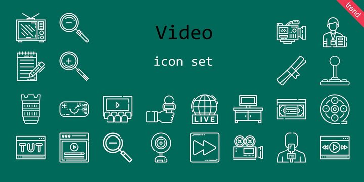 Video Icon Set. Line Icon Style. Video Related Icons Such As Vhs, Video Player, Tv Table, Zoom In, Television, News Reporter, Degree, Joystick, Camera, Film Reel, Journalist, Webcam