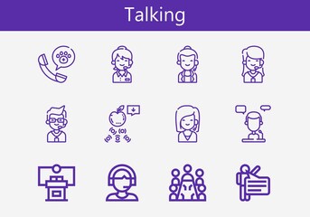 Premium set of talking line icons. Simple talking icon pack. Stroke vector illustration on a white background. Modern outline style icons collection of Call center, Support, Meeting, Speech