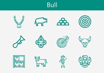 Premium set of bull line icons. Simple bull icon pack. Stroke vector illustration on a white background. Modern outline style icons collection of Horn, Pendant, Dartboard, Bison, Chinese, Cow