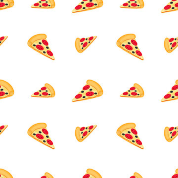 Pizza Slice Food Emoji Pattern. Traditional Italian Pizzeria Seamless Background Symbols. Silhouette Emoticon Italy Recipe Vector.