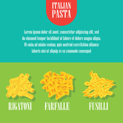 rigatoni, farfalle and fusilli dry pasta banner for italian pasta cuisine. vector illustration