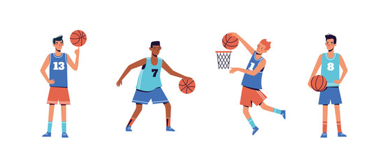set with men who play basketball. The guys go in for sports, hobbies, physical education. Vector in flat style on white background