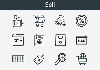 Premium set of sell line icons. Simple sell icon pack. Stroke vector illustration on a white background. Modern outline style icons collection of Add, Bar, Discount, Barcode, Shopping cart, Shopping 
