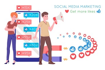Smm, social media marketing, digital promotion on the internet, social network. Smm agency banner. Woman and man attracts likes and hearts with a magnet. Cartoon vector illustration for advertising.