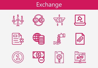 Premium set of exchange line icons. Simple exchange icon pack. Stroke vector illustration on a white background. Modern outline style icons collection of Money, Coin, Candlestick, Loan, Shared folder