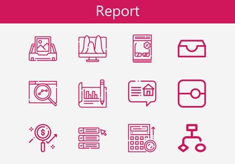 Premium set of report line icons. Simple report icon pack. Stroke vector illustration on a white background. Modern outline style icons collection of Slide, Budget, List, Review, Seo, Flowchart