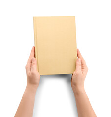 Female hands with blank book on white background