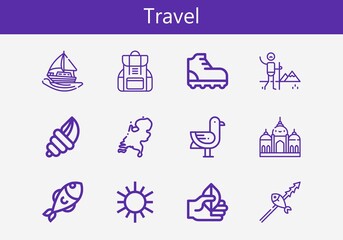 Fototapeta na wymiar Premium set of travel line icons. Simple travel icon pack. Stroke vector illustration on a white background. Modern outline style icons collection of Backpack, Seashell, Sailing boat, Climbing