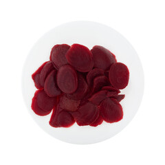 Overhead view of canned sliced beets on a small plate isolated on a white background.