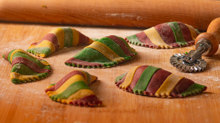 Beautiful colored Patterned filled pasta.