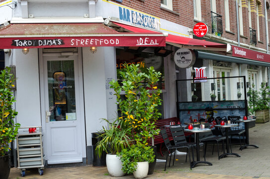 Bar "Basquiat" in Javastraat street, Oost, Amsterdam, Netherlands. Outside street view.
