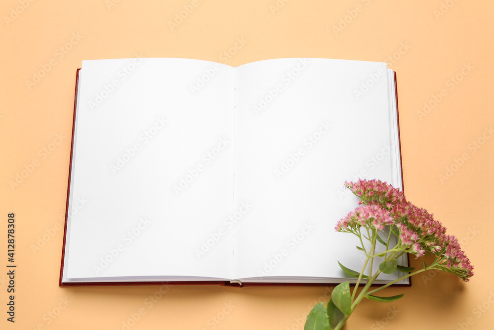 Wall mural Blank book and flower on color background